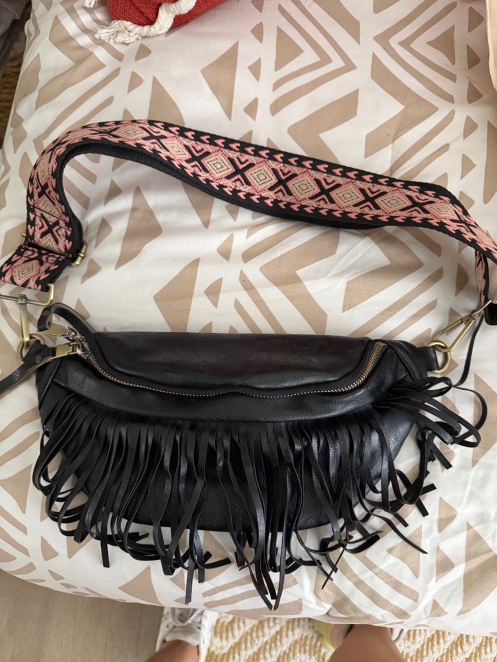 NWOT Black Fringe Crossbody Bag with Patterned Strap